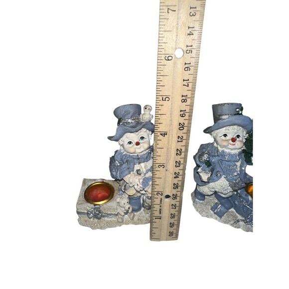 Snowman Candlestick Holder Set Blue White Winter Christmas Mantel Decor - Picture 6 of 11